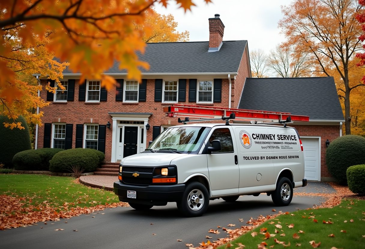 Chimney service van in a colonial home driveway — Bonney Lake